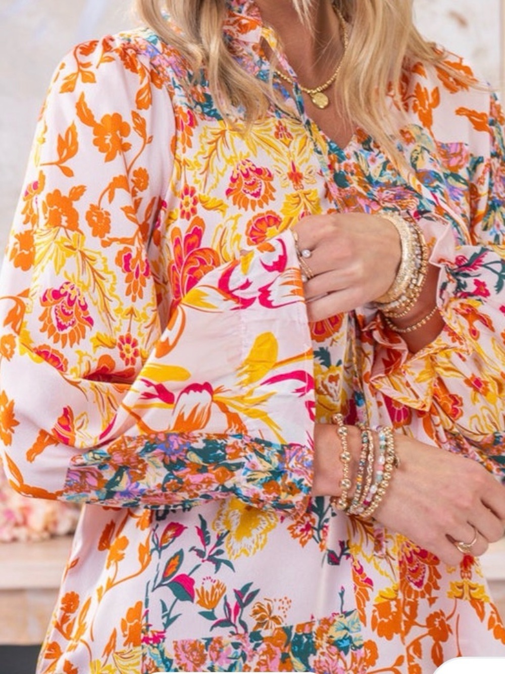 Floral Patchwork Tie-Neck Women's long sleeve Top Pink / Yellow. Medium. Jodifl - Picture 8 of 8